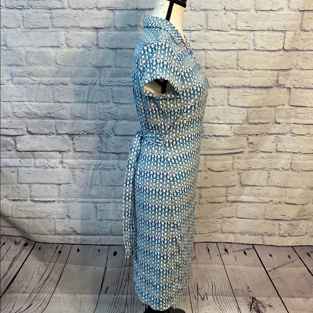 J. McLaughlin Collared Wrap Dress Chain Link Print Short Sleeve Size Medium Blue - Picture 4 of 9